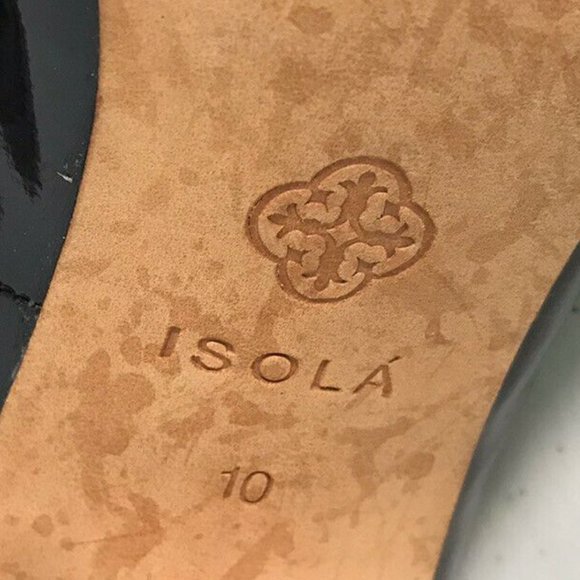 ISOLA Women's Peep Toe Black Patent Leather 3.5" Heels Size 10 Black Gold Trim - Picture 10 of 12